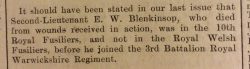 Warwick Advertiser 9th October 1915 - Correction to Death Notice